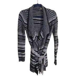 Moda International Gray Black Striped Long Line Wool Cardigan Sweater Size S